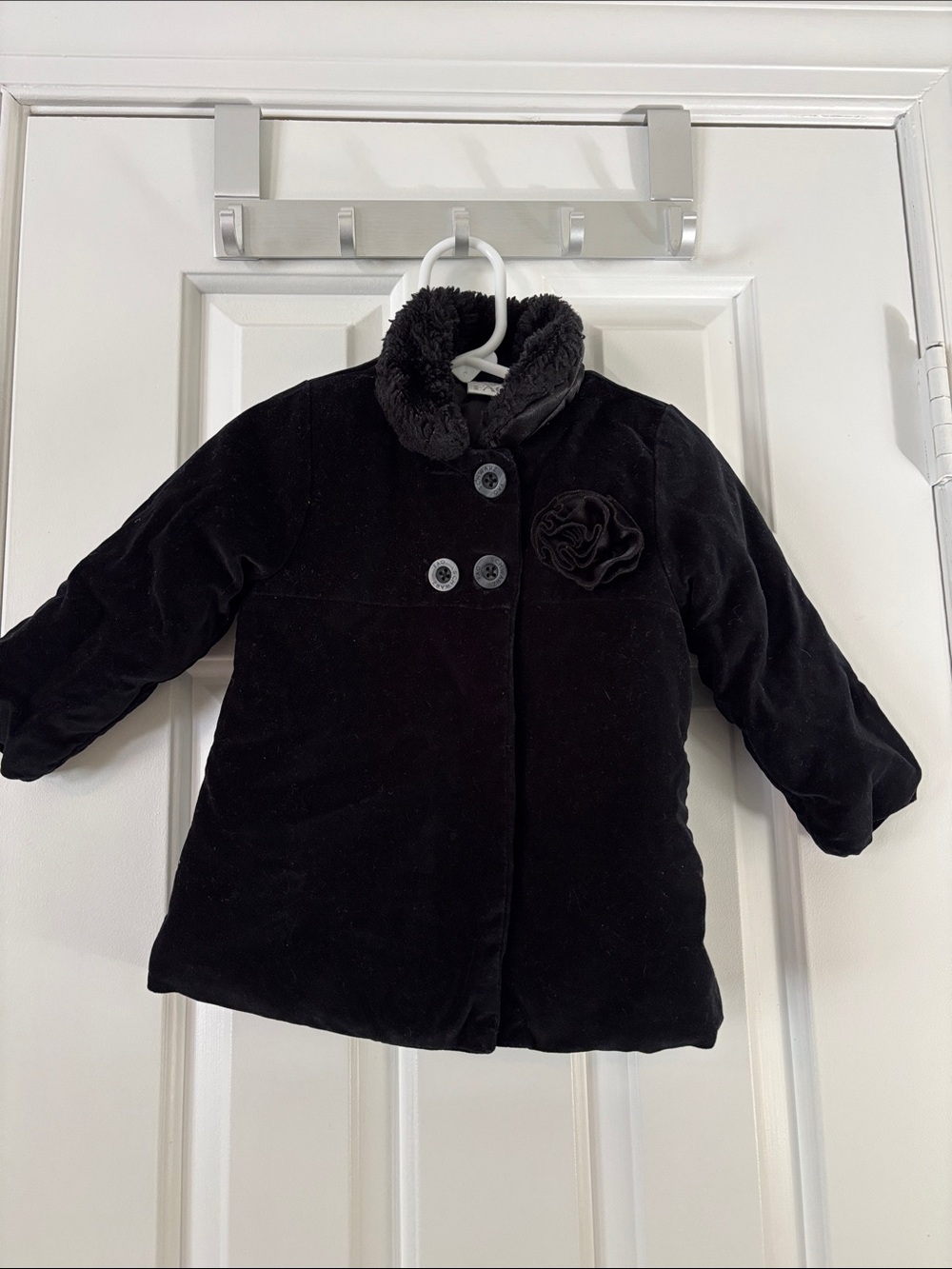 Girls' Black Plush-Collar Pea Coat with Rosette